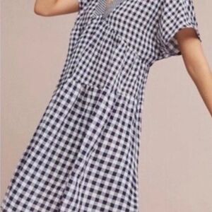 Anthropologie 11.1 TYLHO Cap Sleeve Swing Tunic Dress Sz Med Gingham Navy NEW